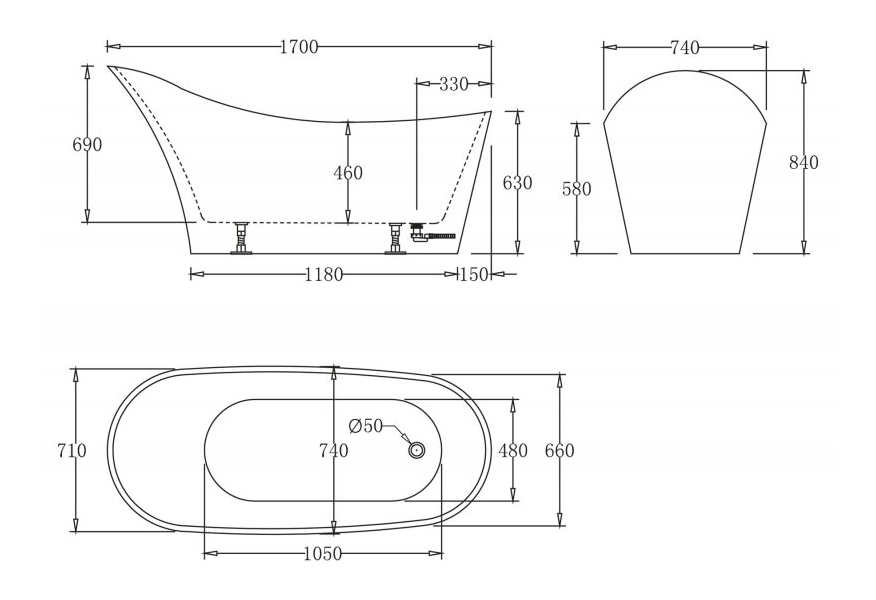 Дополнительное фото №1 Ванна акриловая отдельностоящая Belbagno BB64-1700 170x76 
