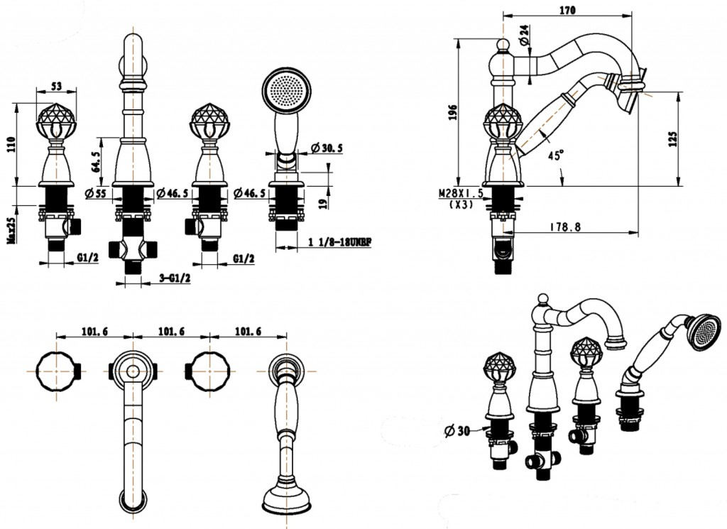 Дополнительное фото №1 Врезной смеситель на борт ванны Boheme 392