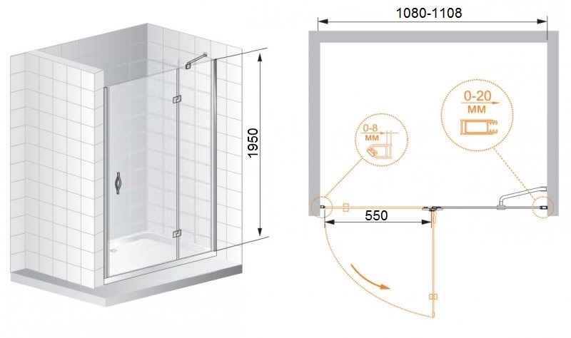 Дополнительное фото №1 BERGAMO 1100х1950 Душевая распашная дверь прозрачное стекло левое (CEZARES)