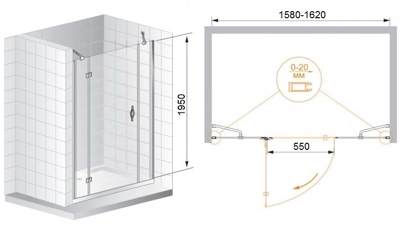 Дополнительное фото №1 BERGAMO 1600х1950 Душевая распашная дверь прозрачное стекло левое 2 стекла 40/60 (CEZARES)