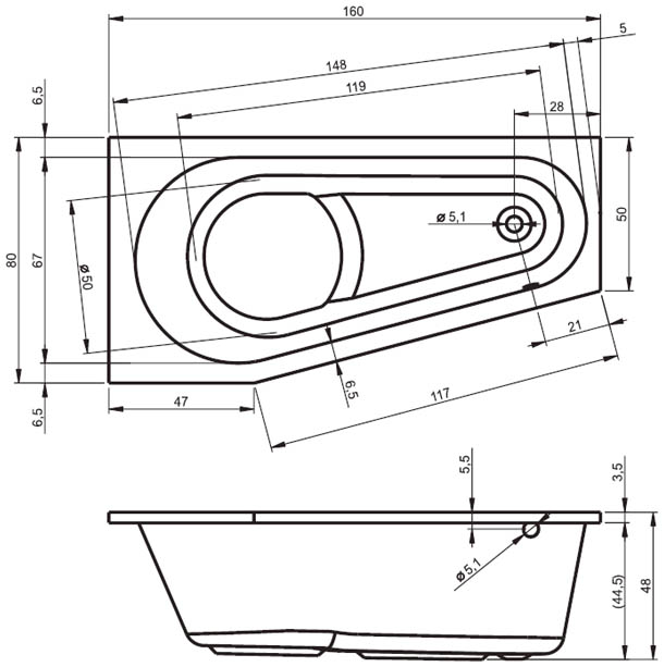 Дополнительное фото №1 Ванна акриловая Riho Delta 160*80 правая без каркаса