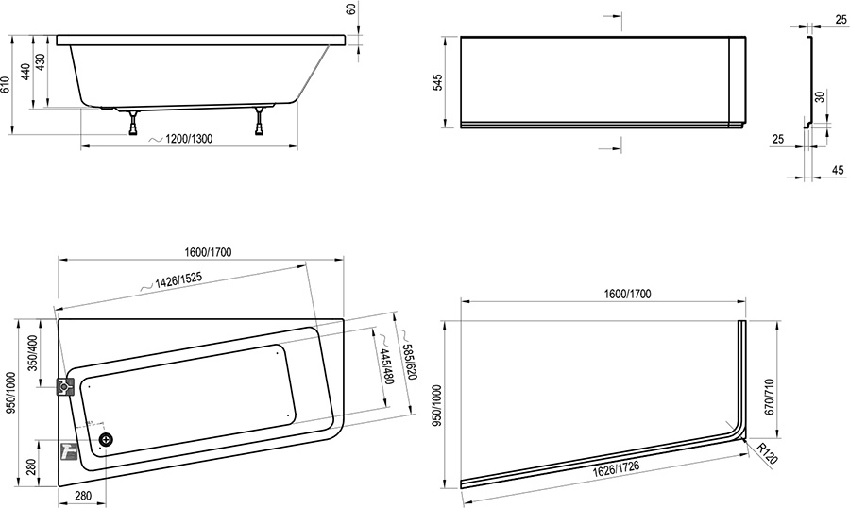 Дополнительное фото №1 Ванна акриловая Ravak 10° 160x95 правая, белая