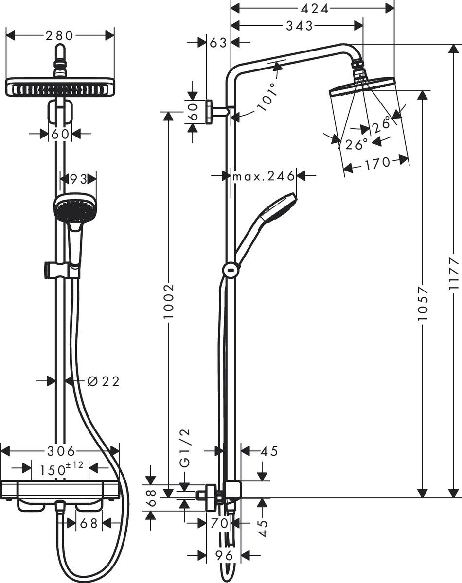 Дополнительное фото №1 Душевая система Hansgrohe Crometta E 280 1jet Showerpipe с термостатом