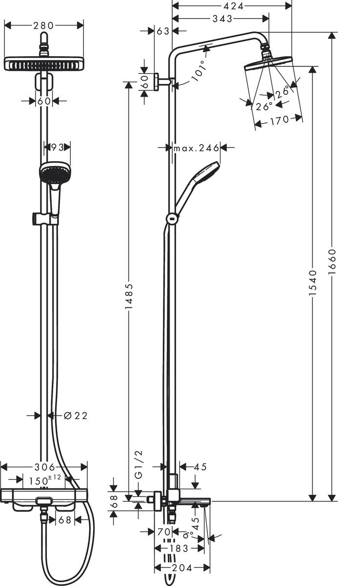 Дополнительное фото №1 Душевая система Hansgrohe Crometta E 280 1jet Showerpipe с термостатом для ванны