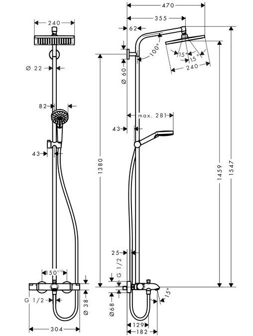 Дополнительное фото №1 Душевая система Hansgrohe Crometta Е 240 1jet Showerpipe c термостатом