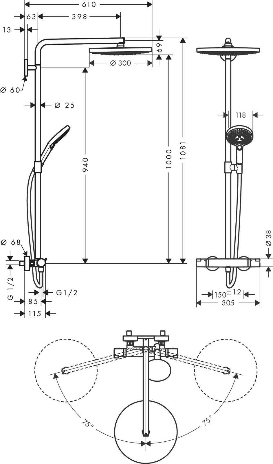Дополнительное фото №1 Душевая система с кнопками управления Hansgrohe Raindance Select Showerpipe S300 2 jet, 27133400