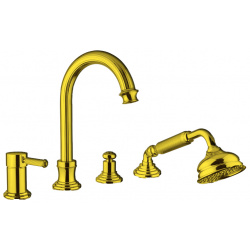 OLIMP Смеситель на борт ванны однорычажный с выдвижным душем и переключателем, золото (CEZARES)