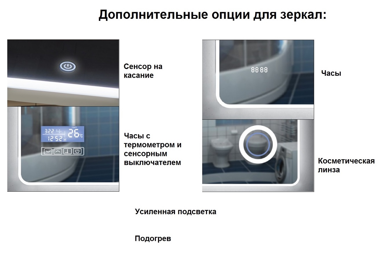 Дополнительное фото №2 Crown 1000*700 Зеркало с подсветкой, космет.линзой, часами, термометром и сенсорным выключателем