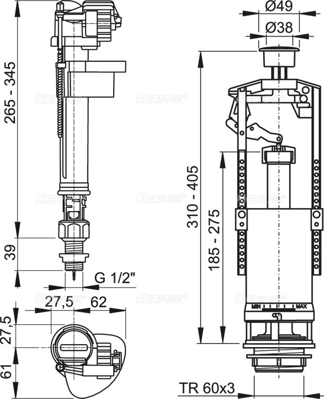 Дополнительное фото №1 Сливной механизм AlcaPlast SA2000S 1/2" CHROM с нижней подводкой