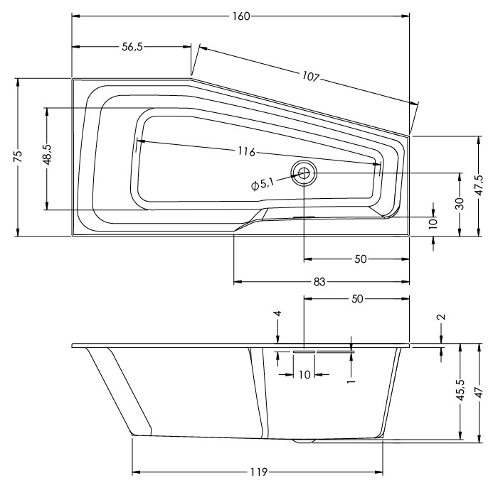 Дополнительное фото №1 Ванна акриловая Riho Rethink Space Left 160*75