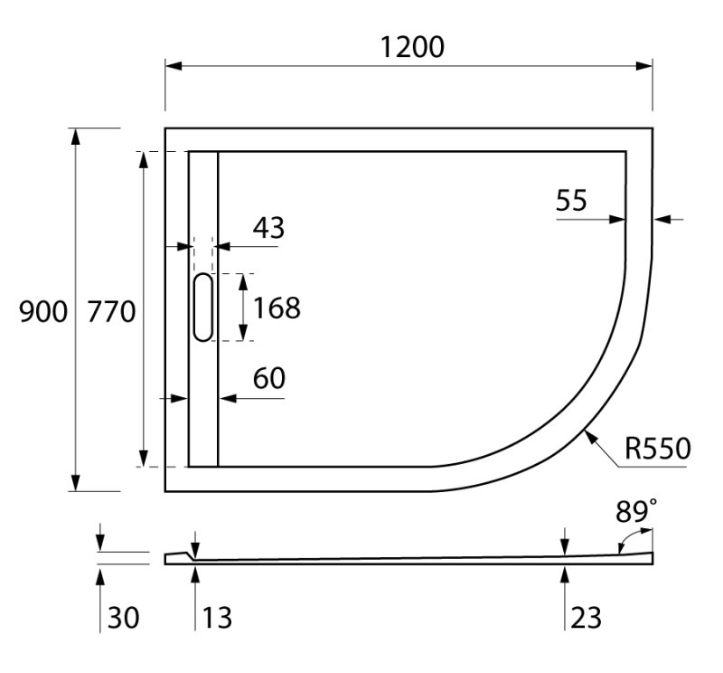 Дополнительное фото №1 Поддон из искусственного мрамора Cezares 1200*900 TRAY-AS-RH-120/90-550-30-W-L