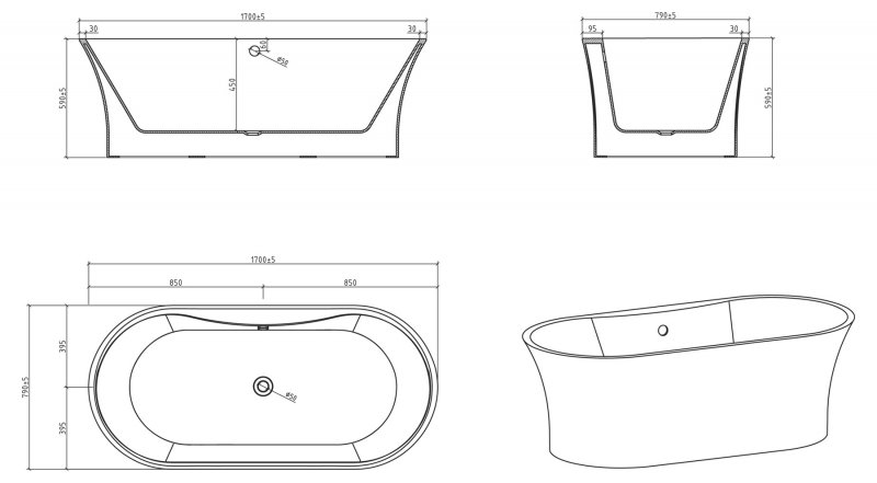 Дополнительное фото №4 Ванна акриловая отдельностоящая Belbagno BB201-1700-800 170х80