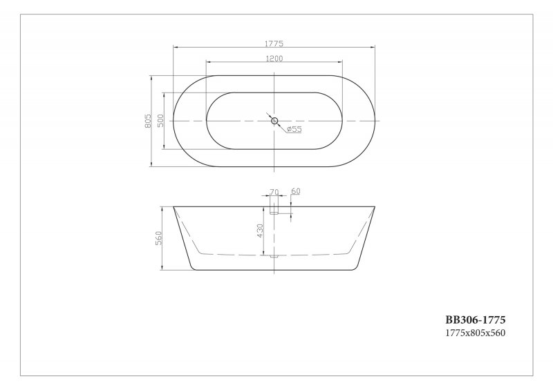 Дополнительное фото №1 Ванна акриловая отдельностоящая Belbagno BB306-1775