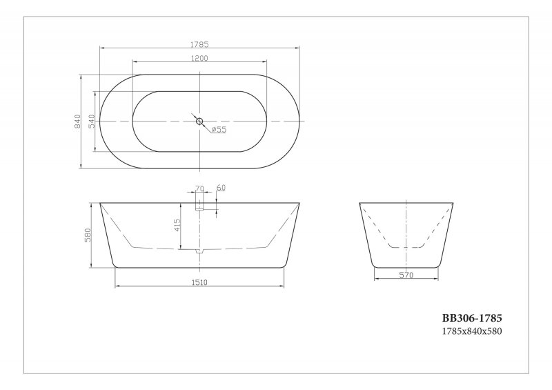 Дополнительное фото №4 Ванна акриловая отдельностоящая Belbagno BB306-1785 178,5x84x58
