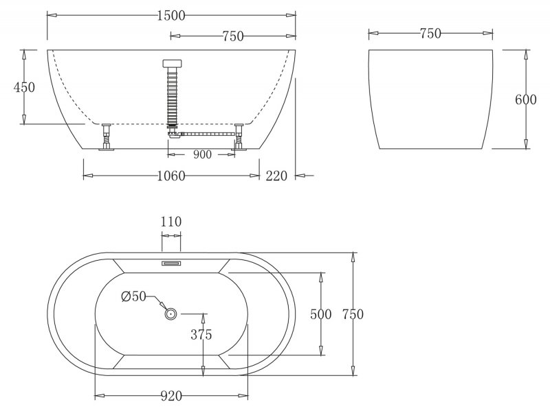 Дополнительное фото №1 Ванна акриловая отдельностоящая Belbagno BB70-1500 150х75x57 без перелива