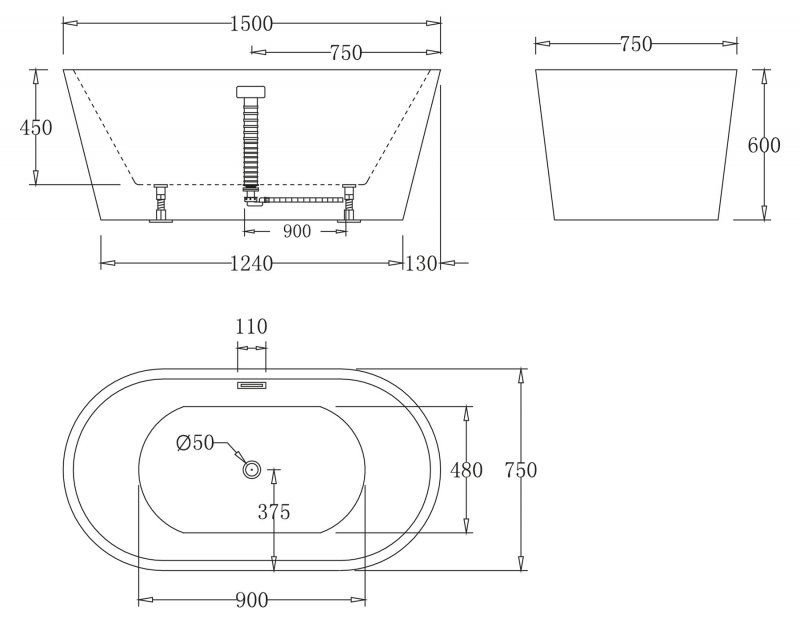 Дополнительное фото №2 Ванна акриловая отдельностоящая Belbagno BB71-1500 150x75 без перелива