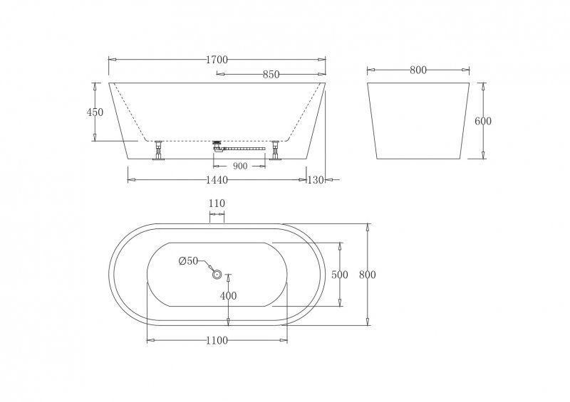 Дополнительное фото №1 Ванна акриловая отдельностоящая Belbagno BB71-1700-WO 170х80 