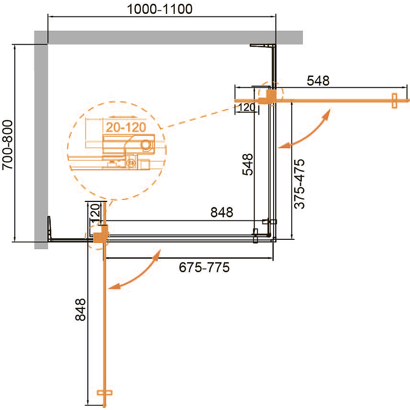 Дополнительное фото №5 Душевой угол Cezares SLIDER-AH-2-70/80-100/110-BR-Cr