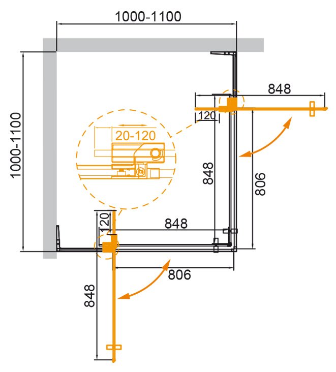 Дополнительное фото №5 Душевой угол Cezares SLIDER-A-2-100/110-BR-Cr