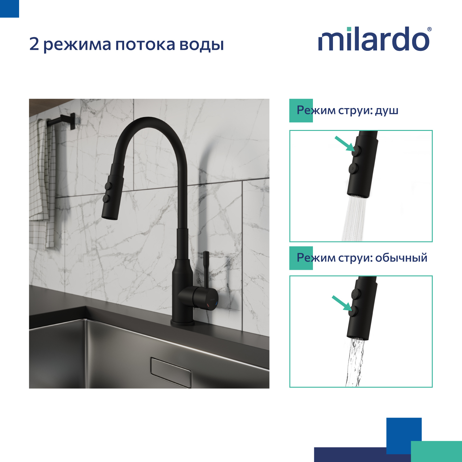 Дополнительное фото №7 Смеситель для кухни с гибким изливом и душ насадкой Milardo, черный матовый M01BL2FM05
