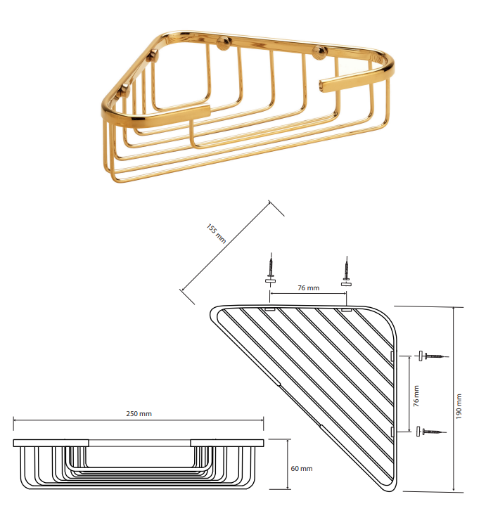 Дополнительное фото №1 Угловая полочка решетка для мыла 190 мм (цвет золото) BRILO