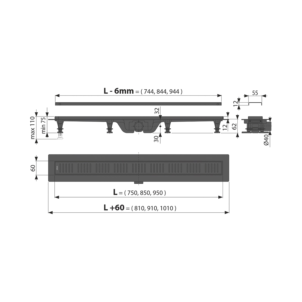 Дополнительное фото №1 Водоотводящий желоб c порогами, для перф. решетки, черный мат (APZ10BLACK-750M)