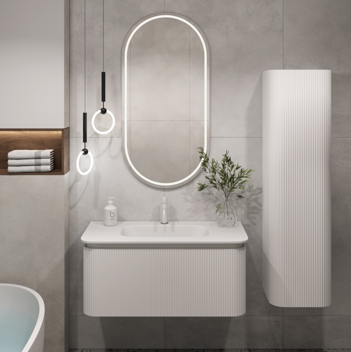Фото Тумба Boheme Ovale S 100см Рифленая 1 полка Белый мат. с раковиной Ovale 100см