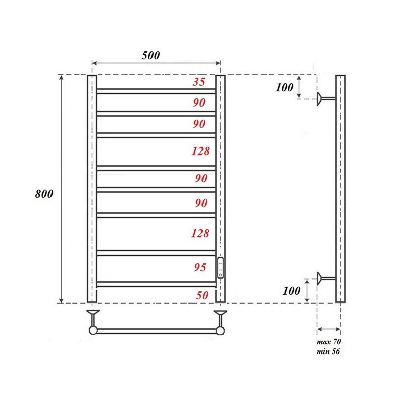 Дополнительное фото №2 Полотенцесушитель электрический Point Аврора PN10858BR П8 500x800 диммер справа, бронза
