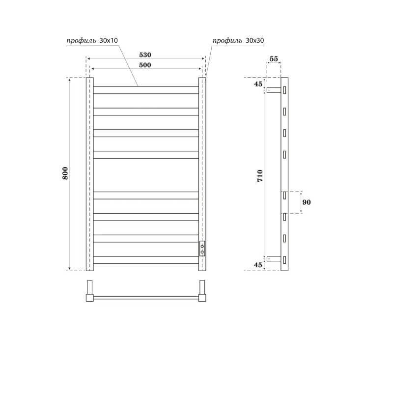 Дополнительное фото №1 Полотенцесушитель электрический Point Меркурий PN83858GR П8 500x800, диммер справа, графит премиум