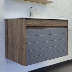 Тумба Comforty Кемер 75 Дуб темно-коричневый, антрацит с раковиной 75E