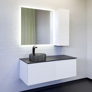 Тумба-умывальник COMFORTY "Геленджик-120" белый матовый со столешницей под мрамор Калакатта Блэк с