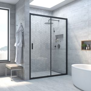 Дверь в душевой проем ZP NOVO h2000 110 02М 01 профиль черный матовый стекло прозрачное регулировка 