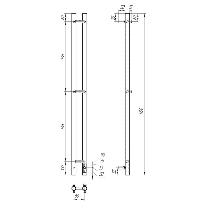 Дополнительное фото №3 Полотенцесушитель 80x1200 электрический Point Деметра PN12812B П3 диммер справа, черный