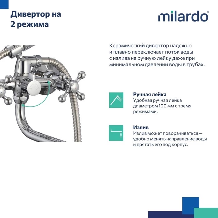 Дополнительное фото №4 Смеситель для ванны с длинным изливом Milardo Duplex
