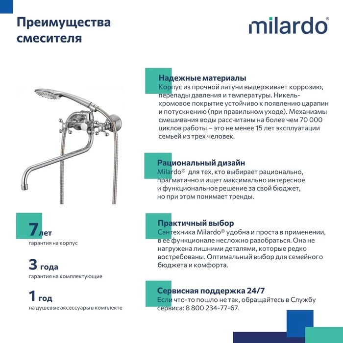 Дополнительное фото №2 Смеситель для ванны с длинным изливом Milardo Duplex