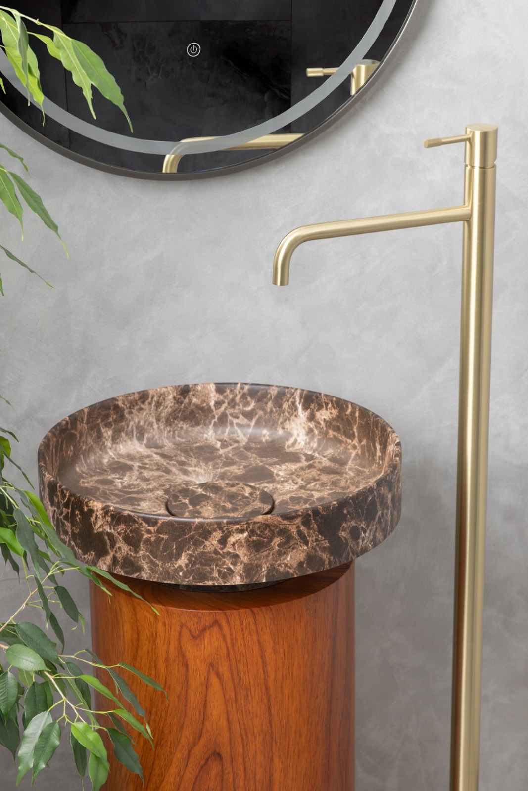 Дополнительное фото №1 Раковина накладная Boheme Corian 400*130 Emprador + Пьедестал для раковины Corian 300*720 Red Wood