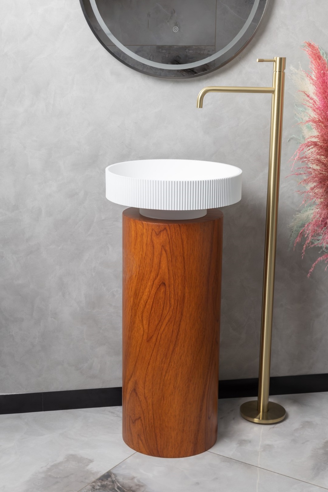 Дополнительное фото №1 Раковина рифленая Boheme Corian 400*130 Matte white + Пьедестал для раковины Corian 300*720 Red Wood