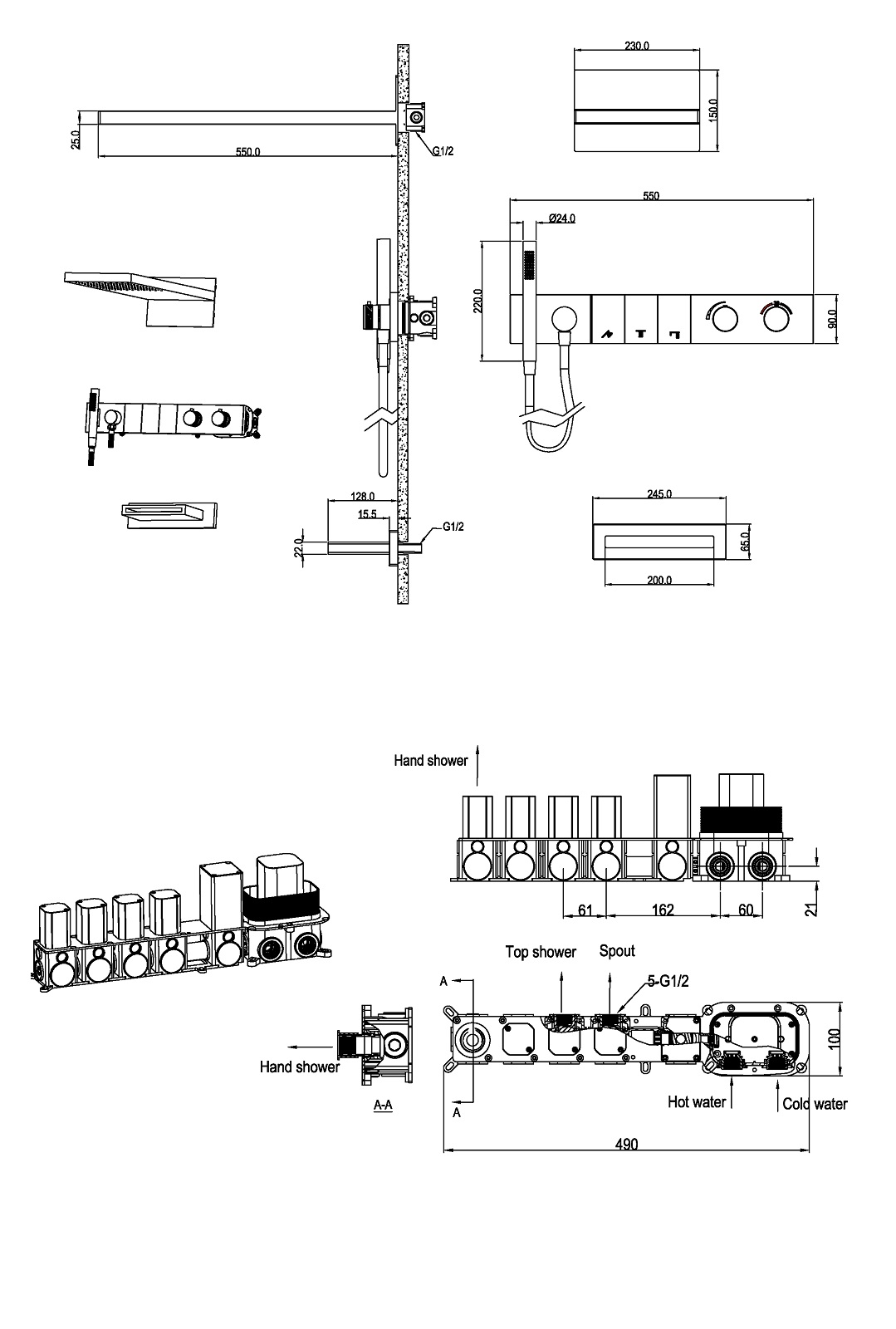 Дополнительное фото №1 Встроенная душевая система с изливом Boheme Zodiac с термостатом Shine Gun Metal