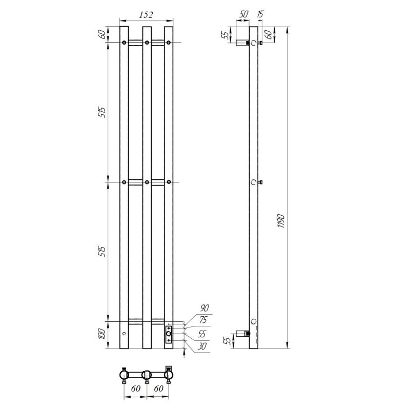 Дополнительное фото №4 Полотенцесушитель 120x1200 электрический Point Деметра PN12822GB П3 диммер справа, графит блеск