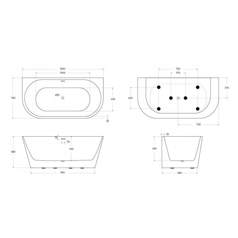 Дополнительное фото №3 Ванна акриловая пристенная Belbagno BB710-1500-750 со сливом-переливом