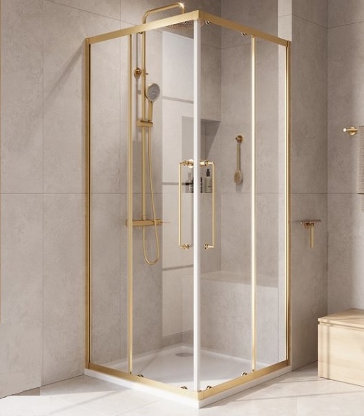 Фото Душевой уголок, откатные двери 100x100x200, стекло прозрачное 8мм, Gold Matt