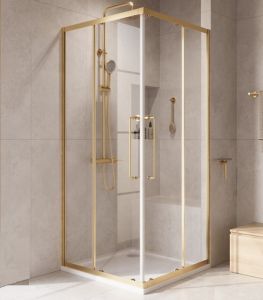 Душевой уголок, откатные двери 100x100x200, стекло прозрачное 8мм, Gold Matt