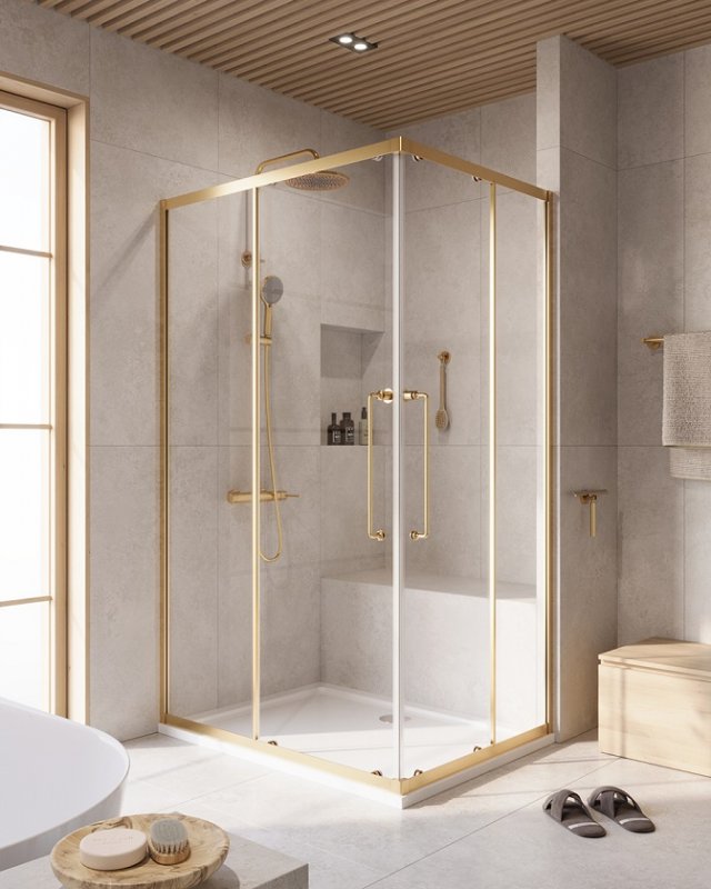 Фото Душевой уголок, откатные двери 120x90x200, стекло прозрачное 8мм, Gold Matt