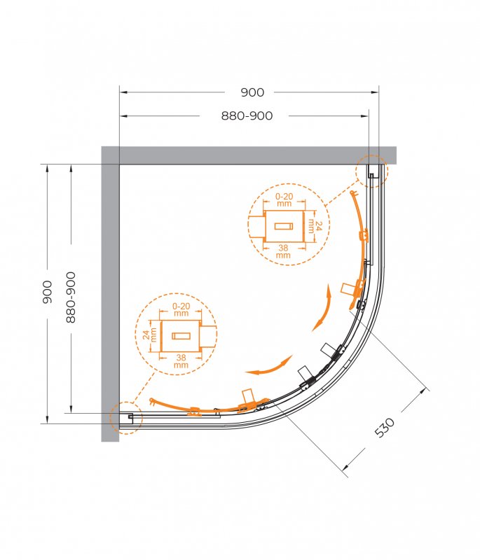 Дополнительное фото №3 Душевой уголок,четверть круга 90x90x200, стекло прозрачное 8мм, Chrome