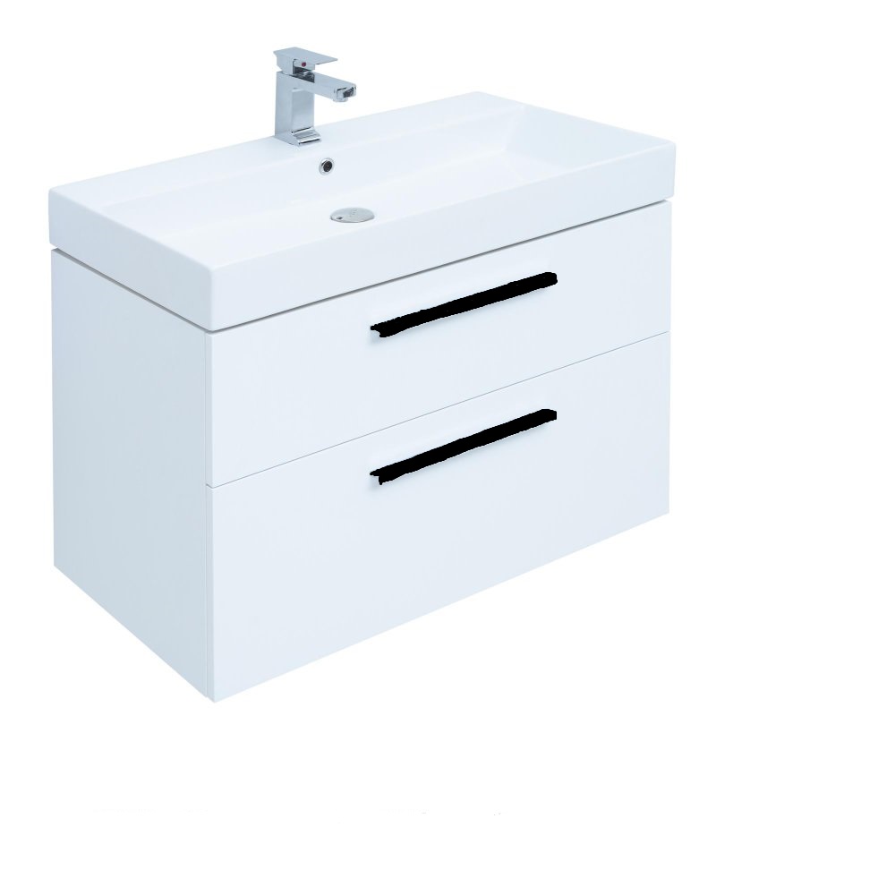 Фото Тумба Aquanet Nova 85 2ящ. белая глянцевая, черные ручки с раковиной Slim Synergy Sanovit 85