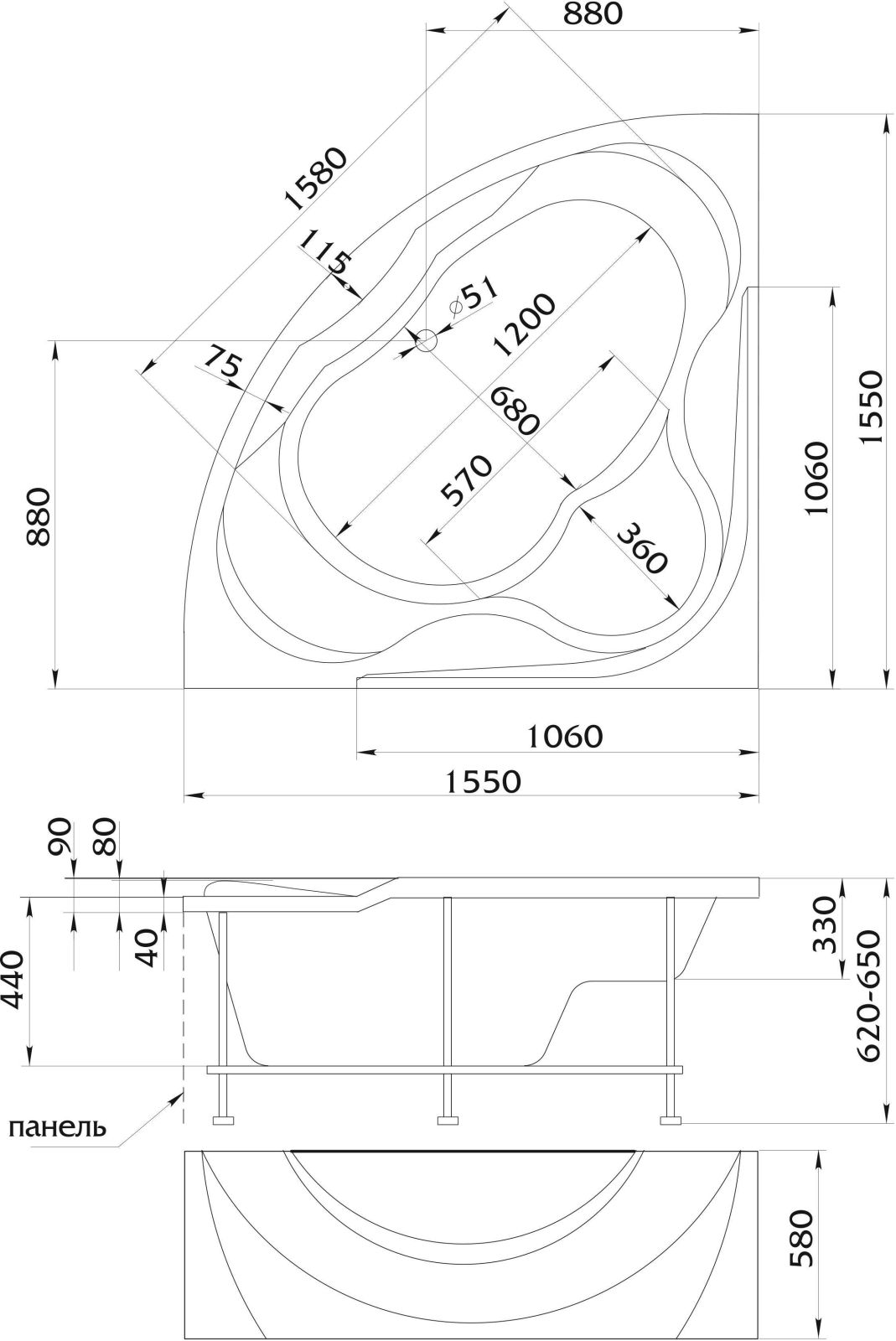 Дополнительное фото №1 Ванна акриловая 1Marka LUXE 155x155 без каркаса