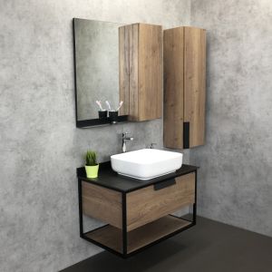 Тумба со столешницей Comforty Кёльн-90-1 дуб тёмный с черной столешницей, с раковиной T-Y9378 