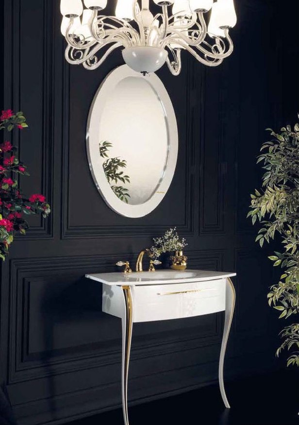 Фото CRISTALLO консоль без узора, глянцевый белый лак + аксессуар золото с раковиной столешницей